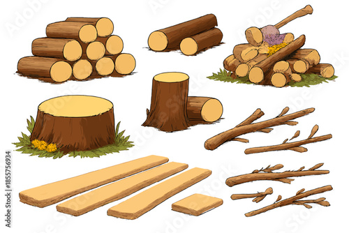 Collection of wooden objects for crafting or building