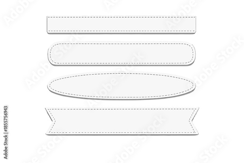 Four white stitched ribbon banners on a grey background