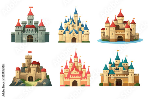 Collection of six fantasy castles in a magical glow