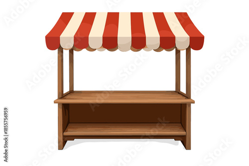Empty wooden market stall with red and white awning