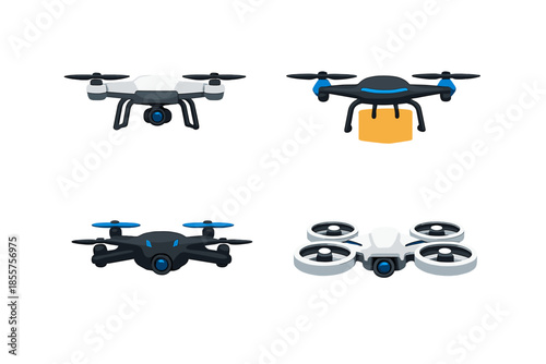 Four futuristic drones in different poses and colors against a gradient background