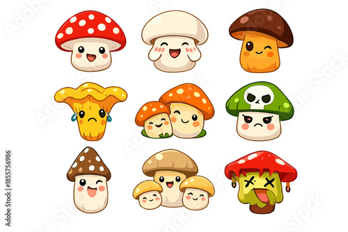 Collection of Cute Cartoon Mushrooms with Different Emotions