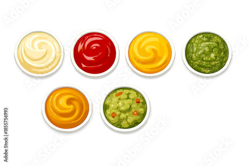Six Bowls of Sauces and Dips Overhead View