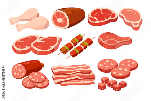 Assortment of raw meats and processed meats