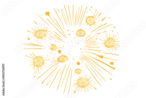Abstract golden explosion with radiating lines and glowing orbs