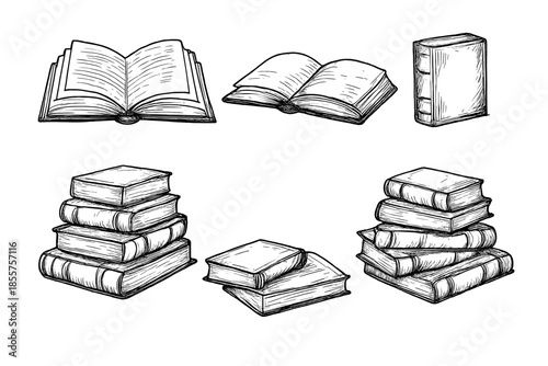 Collection of hand-drawn books on a textured background