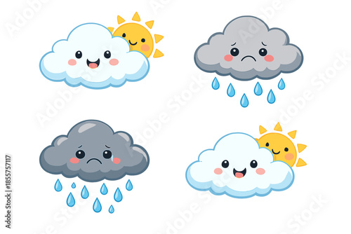 Cute weather clouds with smiling and sad faces, sun peeking out