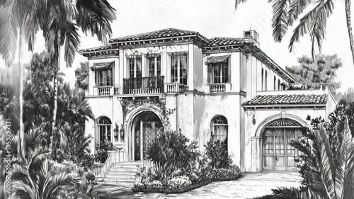 Black and white sketch of a mediterranean revival style villa with palm trees.