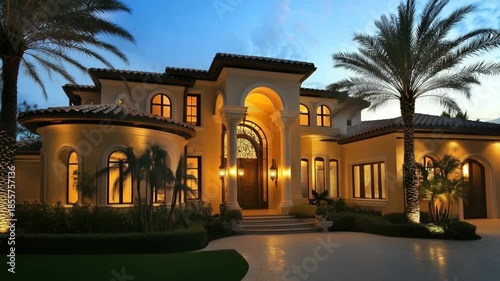 Luxurious mediterranean revival style mansion with palm trees at dusk.