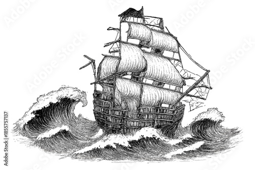 Old Sailing Ship Battling Stormy Seas