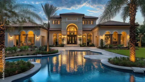 Luxurious mediterranean revival style villa with a pool at sunset.