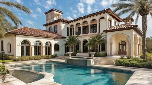 Luxurious mediterranean revival style villa with pool and palm trees.