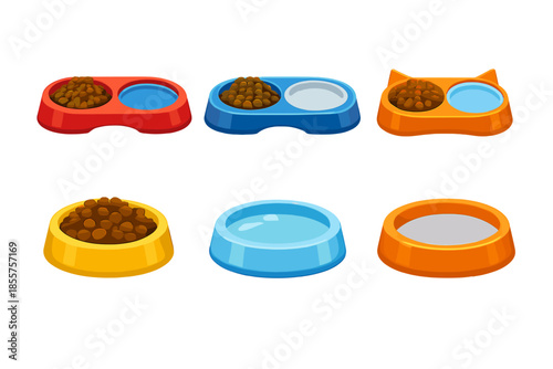Six pet bowls with food and water, glowing.