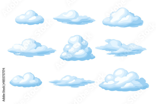 Nine realistic blue-white clouds in a moody, vertical-striped background
