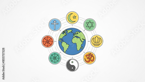 Diverse religious symbols arranged around a stylized Earth representing global spirituality and cultural diversity isolated on a light background