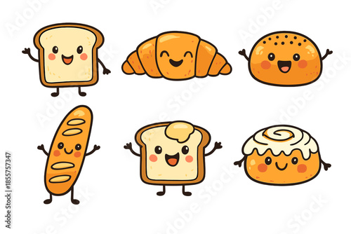 Cute Kawaii Bread Characters Set