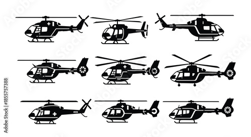 A collection of black silhouette helicopters in various orientations