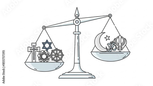 Scales of justice balancing religious symbols representing interfaith dialogue and equality flat vector illustration on white background