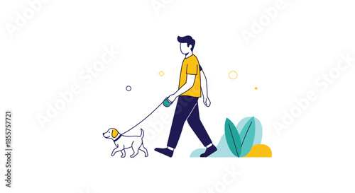 Young man walking his small white dog on a leash in a minimalist outdoor setting with simple leaf and shape accents in white space.