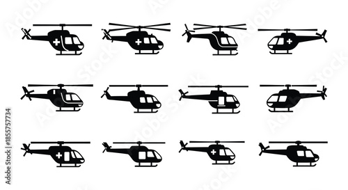 A collection of black silhouette helicopters in various orientations