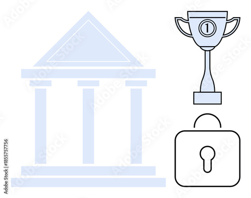 Banking security concept. A bank building, trophy, and lock icons banking security, achievement, and financial protection. Ideal for fintech, savings, education and banking apps