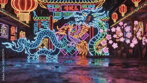 Neon Chinese New Year Decorations with Dragon and Lanterns.