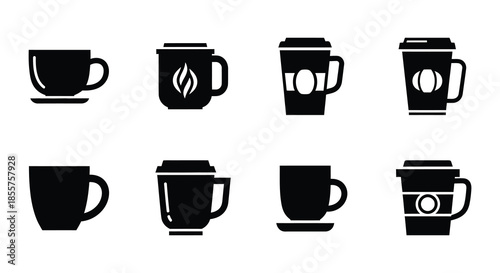 Black and white icons depicting various styles of coffee cups and beverages