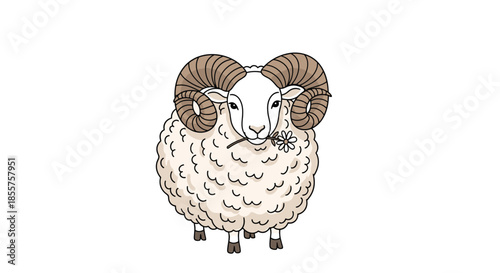 Fluffy white ram with large curved horns standing calmly with a small white daisy flower in its mouth on a clean white background illustration.