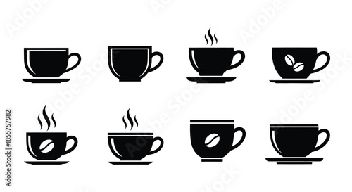 Black and white icons depicting various styles of coffee cups and beverages