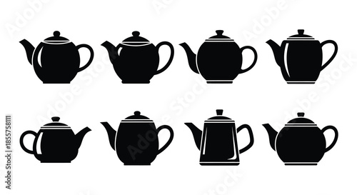 A collection of diverse teapot silhouettes in a simple black and white arrangement