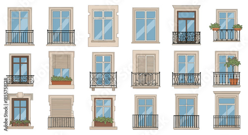 Large collection of diverse architectural window and balcony designs showing various styles of railings, frames, and beautiful decorations.