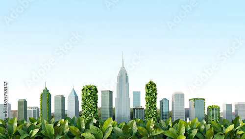 Photorealistic 3D green city skyline with vertical gardens & rooftop greenery — CSR/Corporate Sustainability hero header, Earth Day, urban sustainability