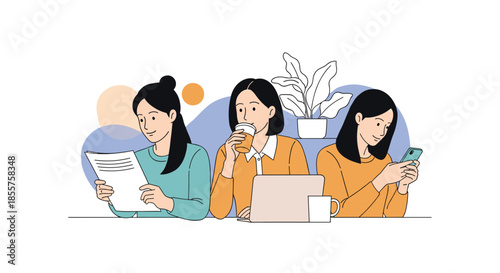 Three young women sitting together at a table, one reading a document, one drinking coffee, and one using her smartphone for social media.