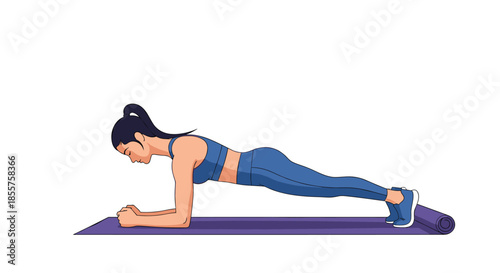 Athletic woman performing a forearm plank exercise on a purple yoga mat to strengthen her core and improve fitness during a home workout.