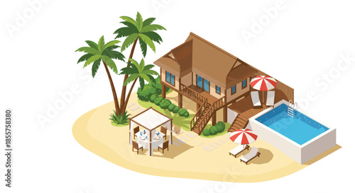 Luxurious tropical beach house on a sandy island with a private swimming pool, palm trees, and an outdoor dining area under a white canopy.