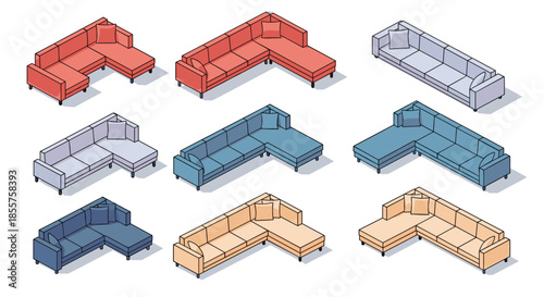 Diverse collection of sectional sofa designs in different colors and configurations shown from an isometric viewpoint for furniture catalogs.