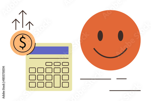 Calculator with dollar coin and upward arrows representing financial growth and happy face signifying satisfaction. Ideal for finance, budgeting, savings, profit, productivity, investment
