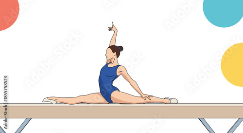 Female gymnast performing a perfect split on a balance beam as part of a professional artistic gymnastics competition routine in an arena.