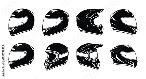Variety of black motorcycle and sports helmets in a grid arrangement