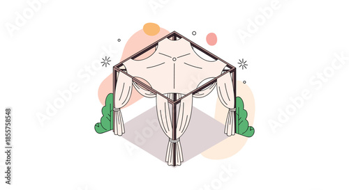 Elegant garden gazebo with white curtains and a canopy roof shown in a minimalist stylized landscape setting with green bushes and blobs.