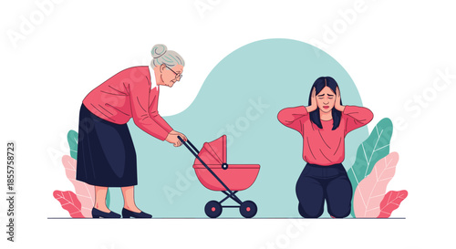 Elderly woman pushing a baby stroller while a younger woman kneels on the ground with her hands over her ears in a state of high stress.