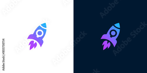 Minimalist purple and blue gradient rocket launch icon with a question mark inside its window against white and dark backgrounds