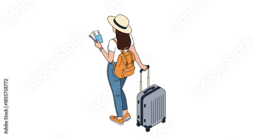 Young female traveler with a backpack and a rolling suitcase holding her tickets and passport ready for an exciting international journey.