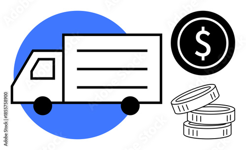 Logistics, finance, transportation, shipping, trade, delivery services. A delivery truck next to dollar coin symbols. Logistics and finance concept for global shipping and monetary transactions