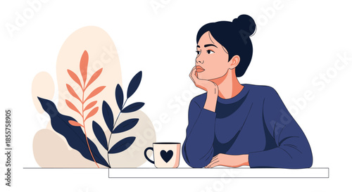 Pensive young woman sitting at a table with a cup of coffee and looking thoughtfully into the distance against a stylized abstract background.