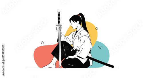 Female martial arts practitioner in a traditional white uniform kneeling on one knee and holding a long samurai sword in a disciplined pose.