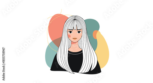 Artistic portrait of a young woman with long straight silver hair and bangs against an abstract colorful background with different shapes.