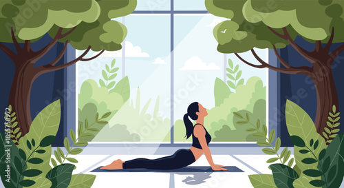Woman practicing cobra pose yoga in a serene room with large windows overlooking a lush green forest landscape for mental and physical health.