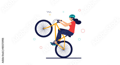 Young woman performing a wheelie on a yellow bicycle against a decorative background, showcasing stunt cycling skills.