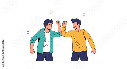 Two young men giving each other a high five or fist bump to celebrate success and friendship in a flat vector style.